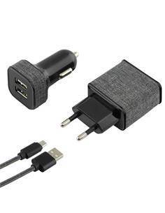 KSIX Pack 3 en 1  Cargador Red Por Usb 2.4A + Cargador Coche Usb 2A, Con Cable Micro Usb Negro tipo