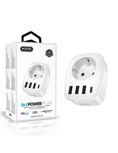ACCETEL Enchufe 5 En 1 3xUsb 3.0+1xTipo C 3Amp+1x Schucko Blanco UC130