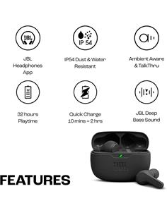 JBL Auricular Bluetooth WAVE BEAM Negro Con Estuche de Carga ,Control Por Voz,Resistente al Agua 32H