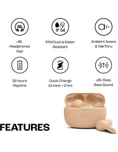 JBL Auricular Bluetooth WAVE BEAM Beig Con Estuche de Carga ,Control Por Voz,Resistente al Agua 32H