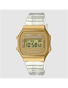 CASIO COLECCION A168XESG-9AEF Reloj Digital Dorado,Correa Resina Transparente, Fecha,Cronometro,Alar