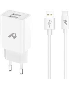 HOME Cargador Red 2X Usb + Cable Tipo C A Usb 2.4A blanco