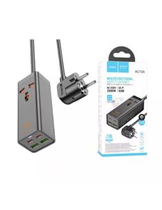 HOCO Regleta Multifuncional AC10A Negro Hub 2xTipo C+2x Usb-A/1xCorriente 2500w-DC 65W 1.5Mtrs