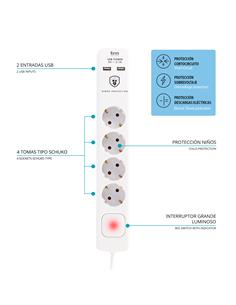 TM ELECTRON Regleta 4 Enchufes Con 2xUsb Blanco y Interruptor TMUAD304 Blanco