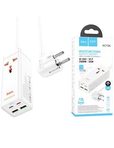 HOCO Regleta Multifuncional AC10A  Blanco Hub 2xTipo C+2x Usb-A/1xCorriente 2500w-DC 65W 1.5Mtrs