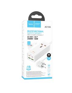 HOCO Regleta Multifuncional AC10A  Blanco Hub 2xTipo C+2x Usb-A/1xCorriente 2500w-DC 65W 1.5Mtrs