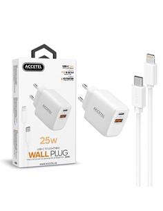 ACCETEL Cargador Red Usb-C+Usb A 3.0+ Cables Datos Tipo C/M a Lightning/M 25W AC553 Blanco