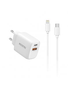 ACCETEL Cargador Red Usb-C+Usb A 3.0+ Cables Datos Tipo C/M a Lightning/M 25W AC553 Blanco