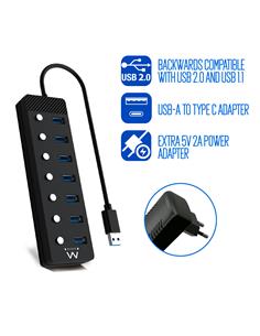 EWENT Hub 7xUsb A Con Interruptor Individual Con COrriente y Adaptador Tipo C EW1147