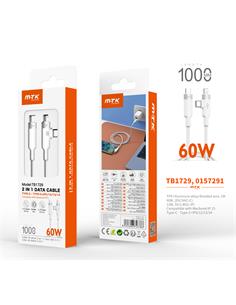 MTK Cable Datos 2 En 1  Tipo C/M A Tipo C/M + Lightning/M 60W 1Mtr Blanco Trenzado TB1729