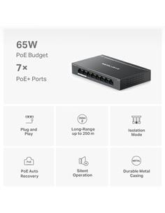 MERCUSYS MS108GP Switch Ethernet 8 Puertos con 7 Puertos+  PoE 1000Mbps 65W LARGO ALCANCE 250M