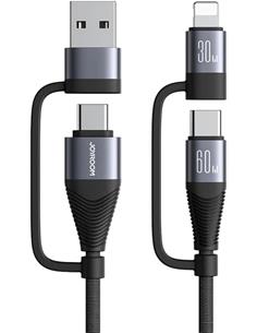 JOYROOM Cable Datos 4 En 1 2X Tipo C, Lightning,Usb A 60W Carga Rapida 1.2Mtrs Negro S-A37