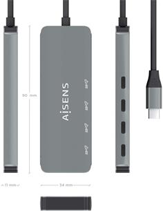 AISENS Hub 4 Puertos Tipo C 3.2 Gen A Usb C/M Gris 0.15Cm A109-0695