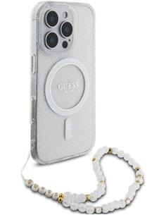 GUESS Funda Glitter Transparente Magsafe Con Colgador Perlas  Para Iphone 16 Pro