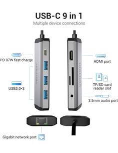 VENTION Hub 9 En 1 Tipo C/M a 2xUsb/1xTipo C/1x RJ45/1xHdmi Lector Micro Sd Y SD/Jack 4K THAHB