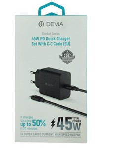 DEVIA Cargador Red TIpo C+ Cable Datos Tipo C M/M 45W Negro
