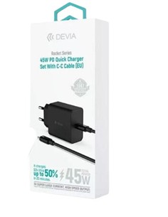 DEVIA Cargador Red TIpo C+ Cable Datos Tipo C M/M 45W Negro