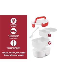 BEPER Fiambrera Electrica Con 2 Recipientes Extraibles 1000ml-450ml Con Cuchara 40W 220V Blanca Roja