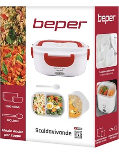 BEPER Fiambrera Electrica Con 2 Recipientes Extraibles 1000ml-450ml Con Cuchara 40W 220V Blanca Roja