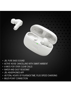 JBL Auricular Bluetooth WAVE BEAM 2 Blanco Con Cancelacion De Ruido y Estuche de Carga