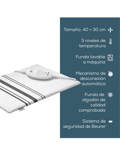 BEURER Almohadilla Electrica De Calor HK 25 40 x 30cm Con Funda de Algodon Blanca Rayas
