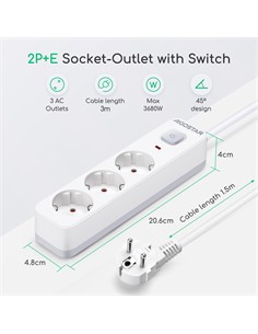 AIGOSTAR Regleta 3 Enchufes Schuko Con Interruptor 3680W  Cable 3Mtrs Blanco GE0301