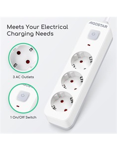 AIGOSTAR Regleta 3 Enchufes Schuko Con Interruptor 3680W  Cable 3Mtrs Blanco GE0301