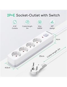 AIGOSTAR Regleta 4 Enchufes Schuko Con Interruptor 3680W Cable 3Mtrs Blanca GE0401