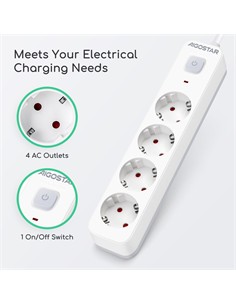 AIGOSTAR Regleta 4 Enchufes Schuko Con Interruptor 3680W Cable 3Mtrs Blanca GE0401