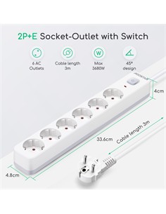 AIGOSTAR Regleta 6 Enchufes Schuko Con Interruptor 3680W Cable 3Mtrs Blanca GE0601