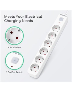AIGOSTAR Regleta 6 Enchufes Schuko Con Interruptor 3680W Cable 3Mtrs Blanca GE0601