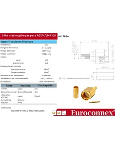EUROCONNEX Conector SMA/M Para Crimpar Cable RG-174U Dorado 3884
