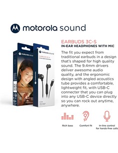 MOTOROLA Auricular Estereo Con Microfono y Cable Tipo C EARBUDS 3C-S Negro