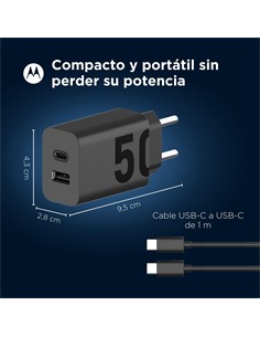 MOTOROLA Cargador Red Tipo C+ Usb A+ Cable Tipo C M/M 1mtr Turbo Power 50W Duo