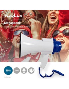 NEDIS Megafono 10W Rango Max 250m, Sirena, Grabador de 240 segundos.ligero y pequeño
