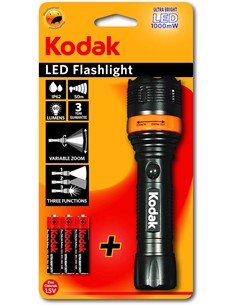 KODAK Linterna Led  FOCUS 157 1000mW 60 Lumenes,IP62 Resistente al Agua, 50Mtrs, Incluye 3 Pilas AAA