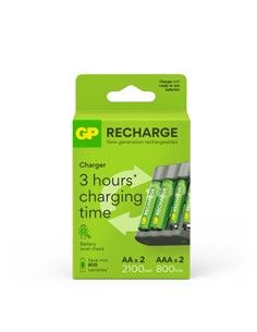 GP Cargador de Pilas AA/AAA Con Pack 2 Pilas AA 2100Mah + 2 Pilas AAA 800mAh Recargables