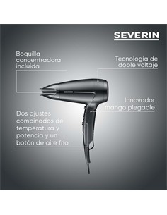 SEVERIN Secador de Pelo de Viaje HT 0159 1600W Plegable 2 Velocidades