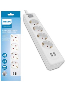 PHILIPS Regleta 4 Tomas Schuko Blanca 2 Puertos Usb ,Con Interruptor,Cable 2Mtrs SPN3042WA/19
