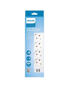 PHILIPS Regleta 4 Tomas Schuko Blanca 2 Puertos Usb ,Con Interruptor,Cable 2Mtrs SPN3042WA/19