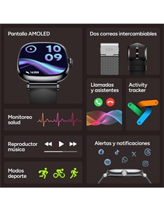 KSIX Reloj Smartwatch IRIA Negro Monitor de Sueño, Llamadas.Notificaciones,Ritmo Cardiaco,Oximetro