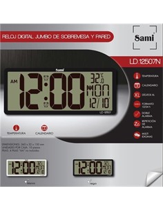 SAMI Reloj De Pared Y Sobremesa Digital XL LD-12507 Con Temperatura,Multi Idiomas Negro