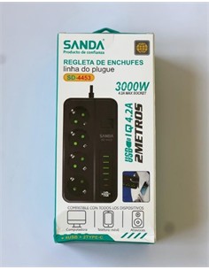 SANDA Regleta 4 Enchufes+ 4xUsb A+2xTipo C Con Interruptor 3000W SD-4453