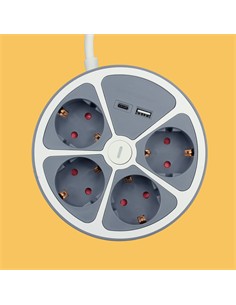 TM ELECTRON Base Redonda Multiple de 4 Enchufes + Puerto Usb y Tipo C 1.5Mtrs Gris TMUAD554CB