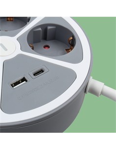 TM ELECTRON Base Redonda Multiple de 4 Enchufes + Puerto Usb y Tipo C 1.5Mtrs Gris TMUAD554CB