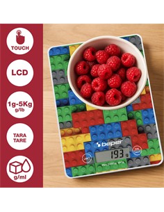 BEPER Pesa de Cocina Digital Max 5KG Placa Vidrio Templado Diseño Lego P102BIL005