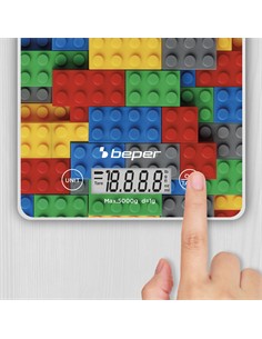 BEPER Pesa de Cocina Digital Max 5KG Placa Vidrio Templado Diseño Lego P102BIL005