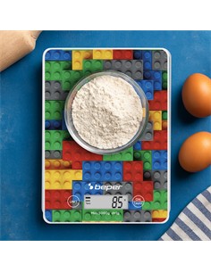 BEPER Pesa de Cocina Digital Max 5KG Placa Vidrio Templado Diseño Lego P102BIL005