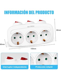 EXTRASTAR Enchufe 3xSchuko Con Interruptor Individual Max.3680W SQ-GZB3K-01/03