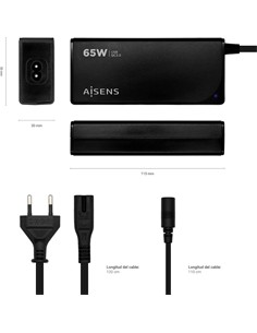AiSENS Cargador Para Portatil 65W  QC3.0 Con 9 Clavijas Usb-A ASCL-65WAUTO-BK